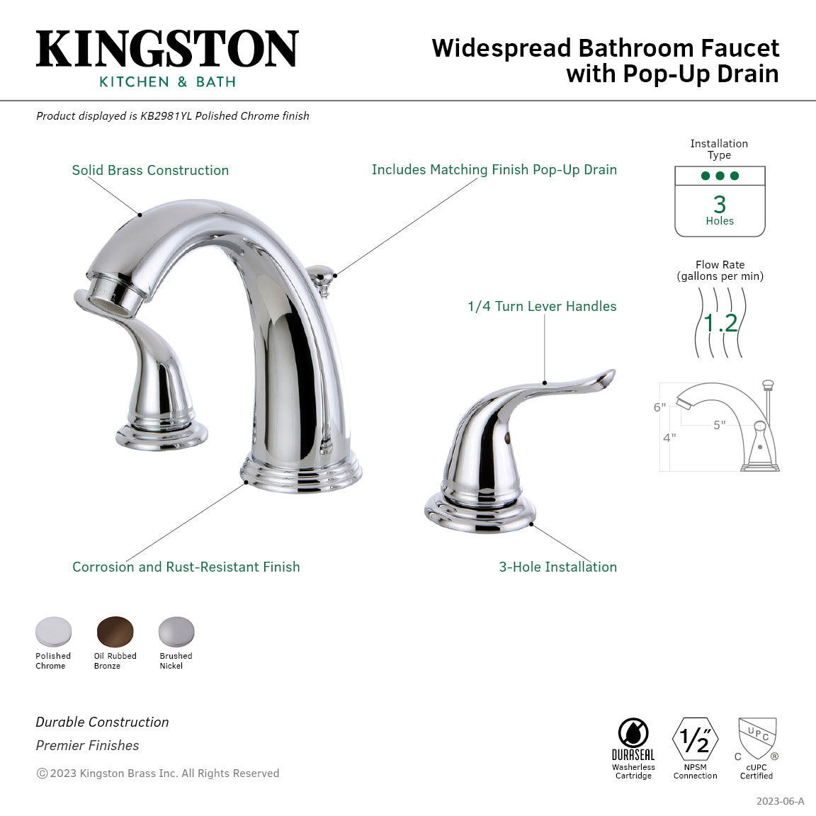 Kingston Tulare KB2985YL - Yosemite Two-Handle 3-Hole Deck Mount Widespread Bathroom Faucet with Pop-Up Drain, Oil Rubbed Bronze — thumbnail 2